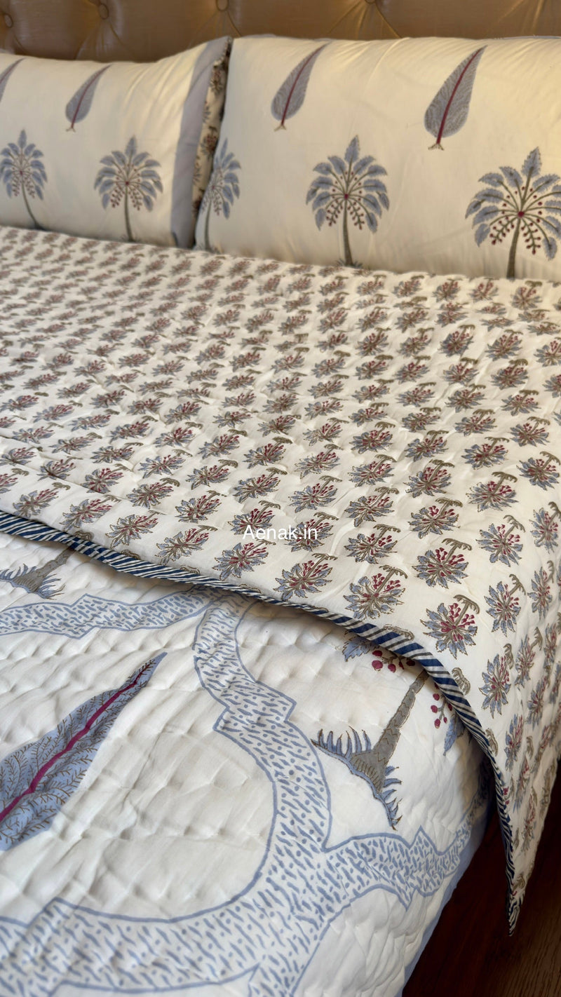 aenak-blue-palm-jaal-handblock-bedsheet-quilt-combo-set