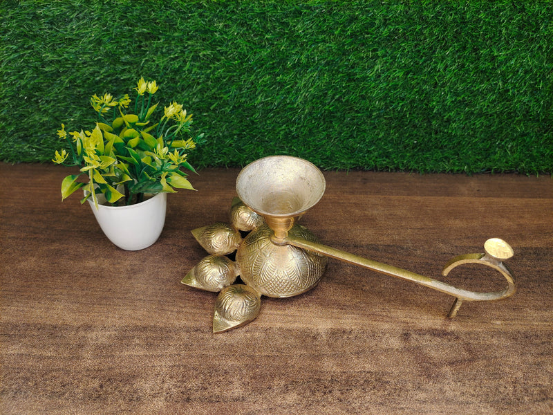 Pure Brass Panch Aarti Diya with Handle – Kitchen Utensil