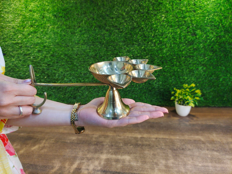 Pure Brass Panch Aarti Diya with Handle – Kitchen Utensil