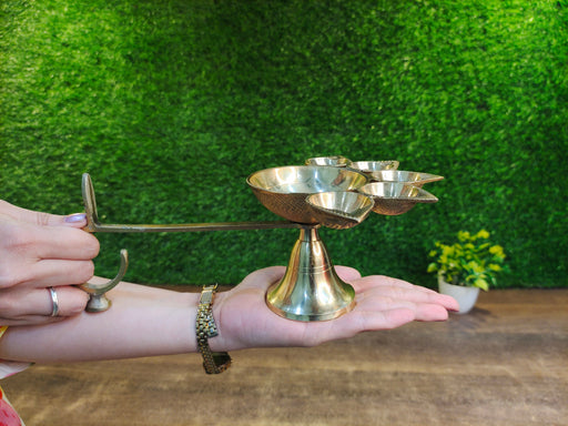 Pure Brass Panch Aarti Diya with Handle – Kitchen Utensil