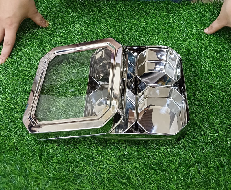 Stainless Steel 4-Compartment Dry Fruit Box with See-Through Lid – Kitchen Utensil