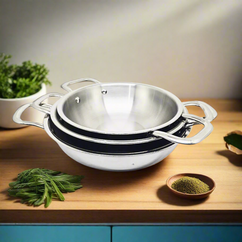 Triply Stainless Steel Kadhai with Lid – Cooking Kadhai