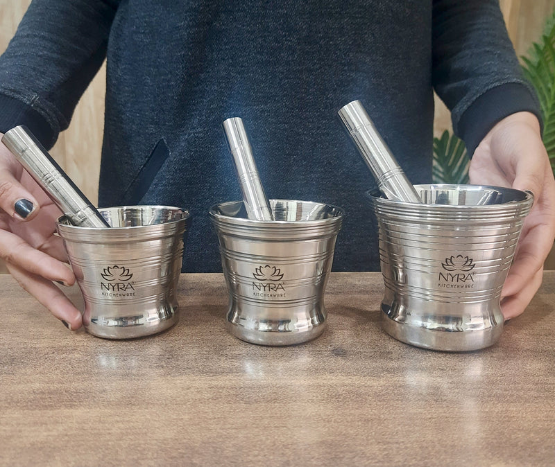 Premium Stainless Steel Mortar & Pestle Set/Khalbatta/Imam Dasta - 3 sizes – Kitchen Utensil