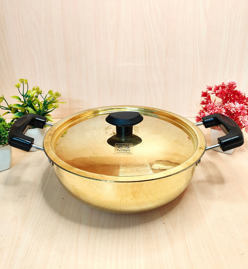 Traditional Brass Kadhai (Pital Wok) with Tin Lining & Lid – Cooking Wok