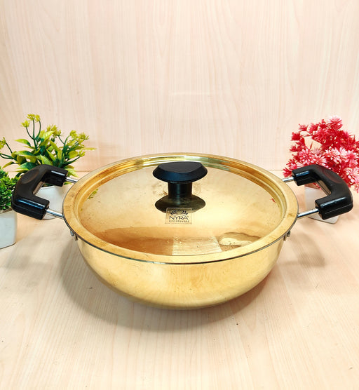Traditional Brass Kadhai (Pital Wok) with Tin Lining & Lid – Cooking Wok