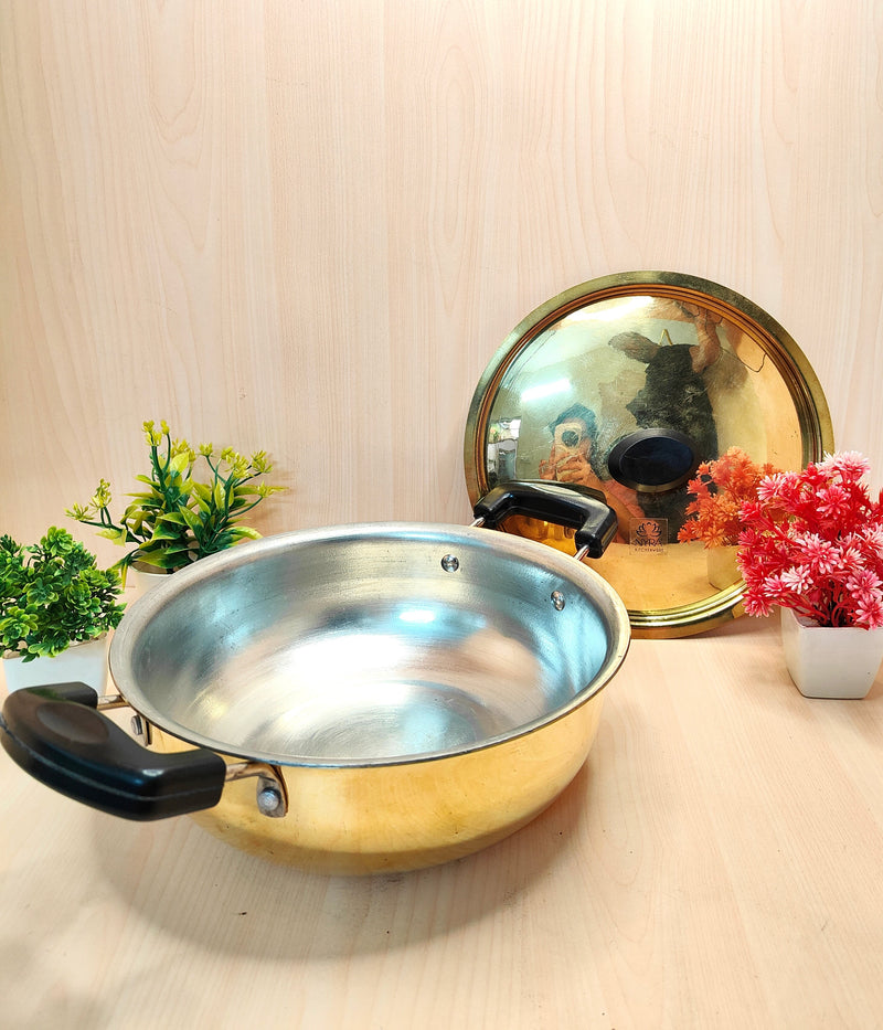 Traditional Brass Kadhai (Pital Wok) with Tin Lining & Lid – Cooking Wok