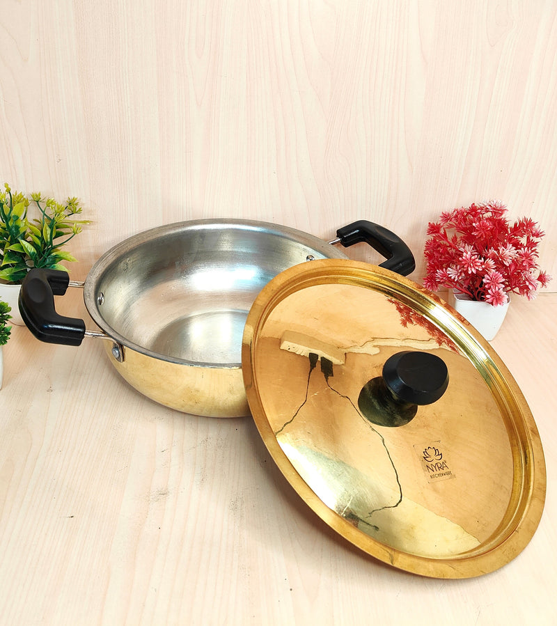Traditional Brass Kadhai (Pital Wok) with Tin Lining & Lid – Cooking Wok