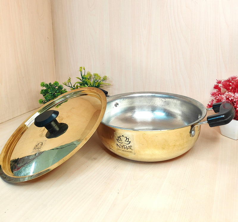 Traditional Brass Kadhai (Pital Wok) with Tin Lining & Lid – Cooking Wok