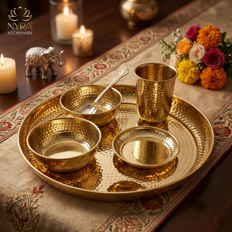 nyra-kitchenware-premium-brass-hammered-thali-set-of-6-pcs-traditional-indian-dinnerware-pital-bhojan-set-glossy-gold-finish-luxury-gifting