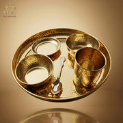 nyra-kitchenware-premium-brass-hammered-thali-set-of-6-pcs-traditional-indian-dinnerware-pital-bhojan-set-glossy-gold-finish-luxury-gifting