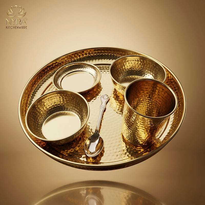 nyra-kitchenware-premium-brass-hammered-thali-set-of-6-pcs-traditional-indian-dinnerware-pital-bhojan-set-glossy-gold-finish-luxury-gifting