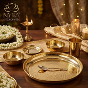 nyra-kitchenware-premium-brass-hammered-thali-set-of-6-pcs-traditional-indian-dinnerware-pital-bhojan-set-glossy-gold-finish-luxury-gifting