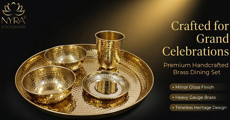 nyra-kitchenware-premium-brass-hammered-thali-set-of-6-pcs-traditional-indian-dinnerware-pital-bhojan-set-glossy-gold-finish-luxury-gifting