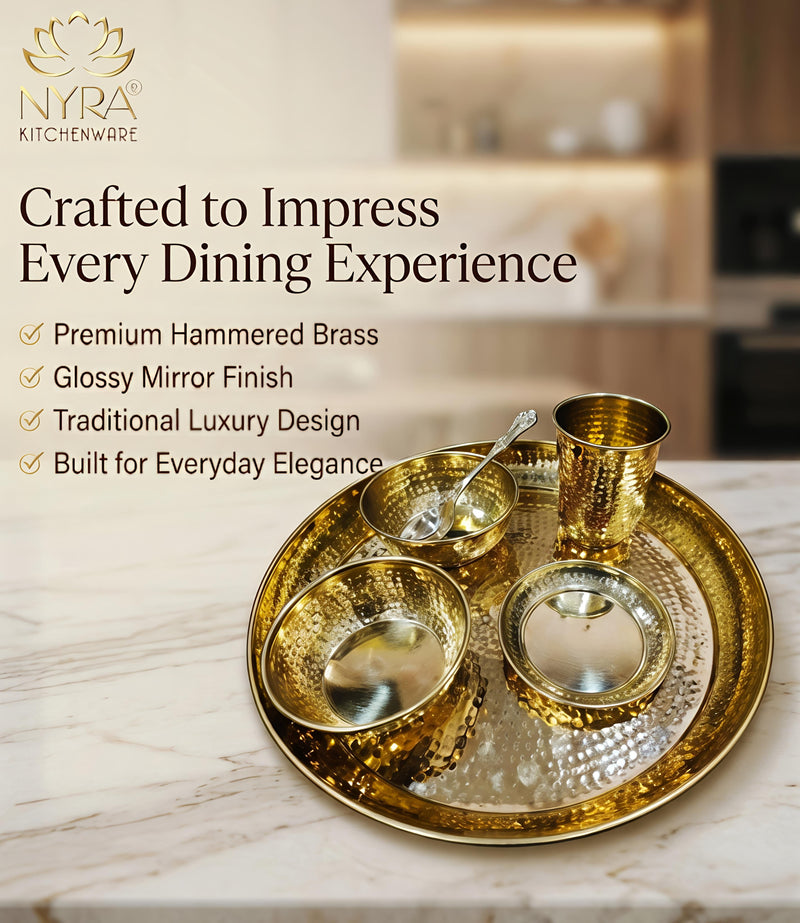 nyra-kitchenware-premium-brass-hammered-thali-set-of-6-pcs-traditional-indian-dinnerware-pital-bhojan-set-glossy-gold-finish-luxury-gifting