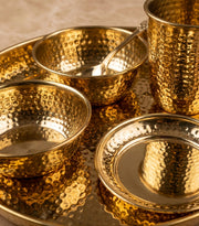 nyra-kitchenware-premium-brass-hammered-thali-set-of-6-pcs-traditional-indian-dinnerware-pital-bhojan-set-glossy-gold-finish-luxury-gifting