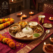 nyra-kitchenware-premium-brass-hammered-thali-set-of-6-pcs-traditional-indian-dinnerware-pital-bhojan-set-glossy-gold-finish-luxury-gifting