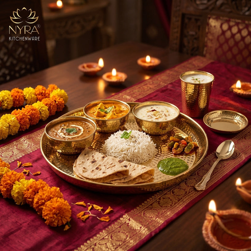 nyra-kitchenware-premium-brass-hammered-thali-set-of-6-pcs-traditional-indian-dinnerware-pital-bhojan-set-glossy-gold-finish-luxury-gifting