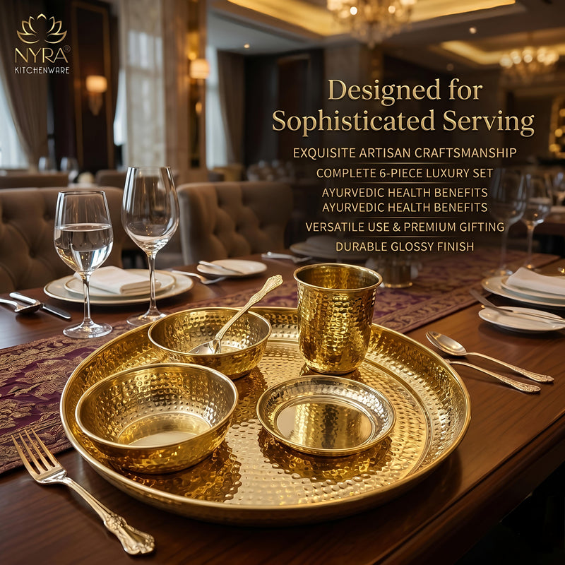 nyra-kitchenware-premium-brass-hammered-thali-set-of-6-pcs-traditional-indian-dinnerware-pital-bhojan-set-glossy-gold-finish-luxury-gifting