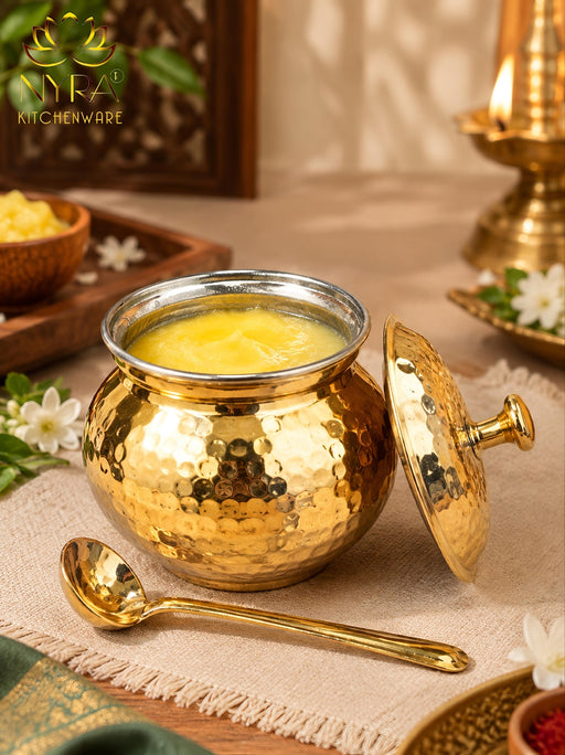 nyra-kitchenware-pure-brass-hammered-ghee-pot-with-kalai-tin-coating-lid-spoon-premium-ghee-storage-container