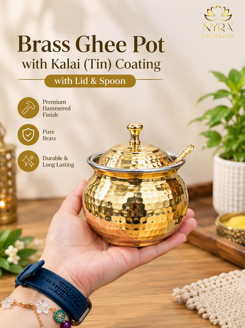 nyra-kitchenware-pure-brass-hammered-ghee-pot-with-kalai-tin-coating-lid-spoon-premium-ghee-storage-container