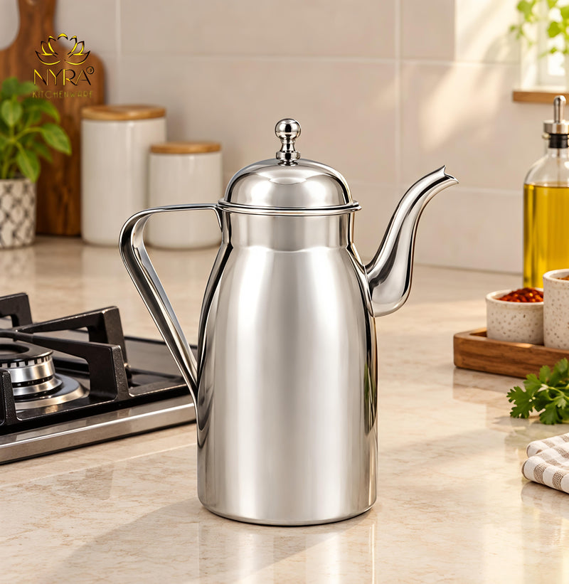 nyra-kitchenware-1-litre-stainless-steel-oil-dispenser-with-glossy-silver-finish-covered-lid-side-handle-and-long-pouring-spout-a-practical-kitchen-essential-for-oil-and-ghee