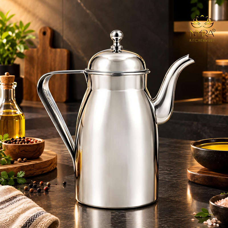 nyra-kitchenware-1-litre-stainless-steel-oil-dispenser-with-glossy-silver-finish-covered-lid-side-handle-and-long-pouring-spout-a-practical-kitchen-essential-for-oil-and-ghee