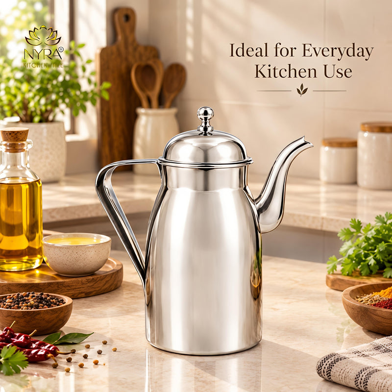 nyra-kitchenware-1-litre-stainless-steel-oil-dispenser-with-glossy-silver-finish-covered-lid-side-handle-and-long-pouring-spout-a-practical-kitchen-essential-for-oil-and-ghee