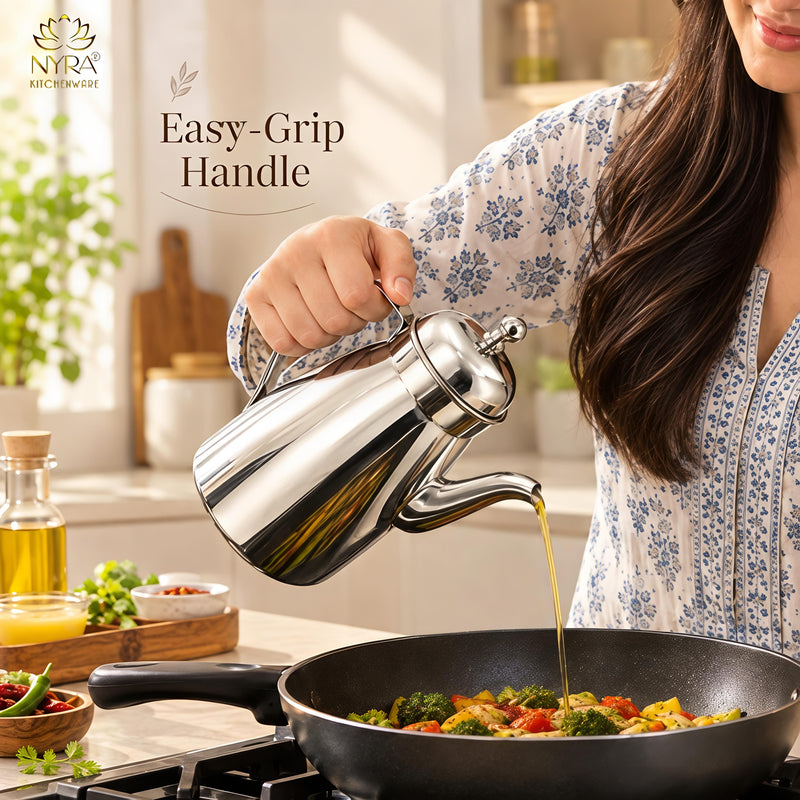 nyra-kitchenware-1-litre-stainless-steel-oil-dispenser-with-glossy-silver-finish-covered-lid-side-handle-and-long-pouring-spout-a-practical-kitchen-essential-for-oil-and-ghee