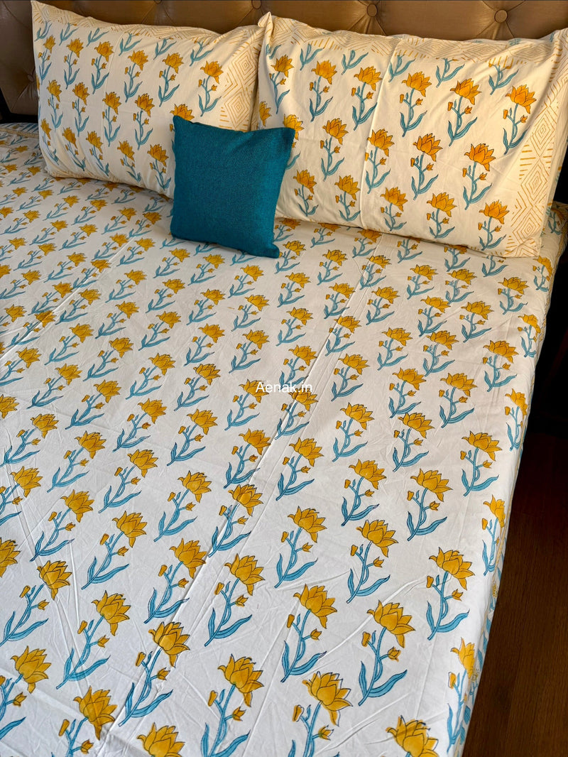 aenak-yellow-lotus-handblock-printed-premium-cotton-bedsheet-set