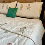 aenak-pink-yellow-boota-embossed-quilted-handblock-bedcover-set