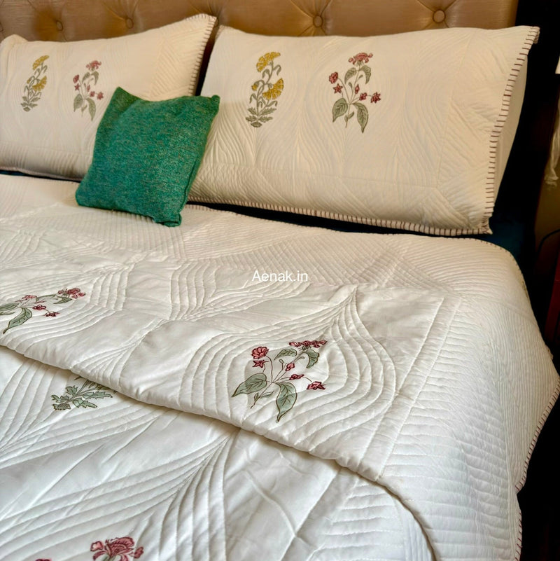 aenak-pink-yellow-boota-embossed-quilted-handblock-bedcover-set