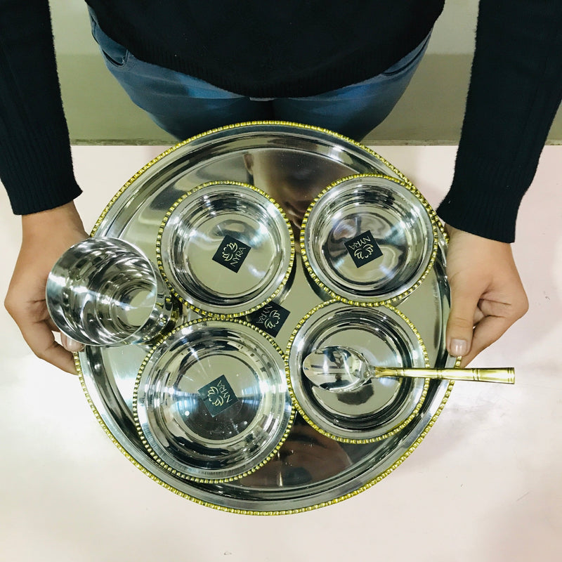 Stainless-Steel Two-Tone Thali Set with Brass detailing – Kitchen Utensil