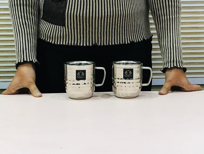 Stainless-Steel Cups with Glossy Finish/Hammered and Ringer Design Mugs – Kitchen Utensil