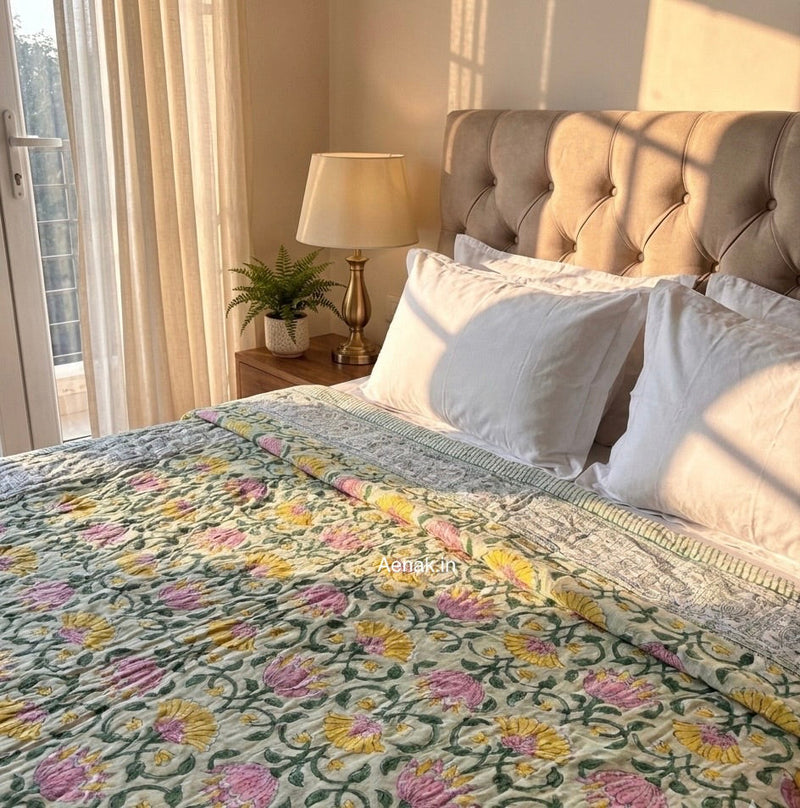 aenak-pink-yellow-lotus-handblock-bedsheet-quilt-combo-set