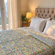 aenak-pink-yellow-lotus-handblock-bedsheet-quilt-combo-set