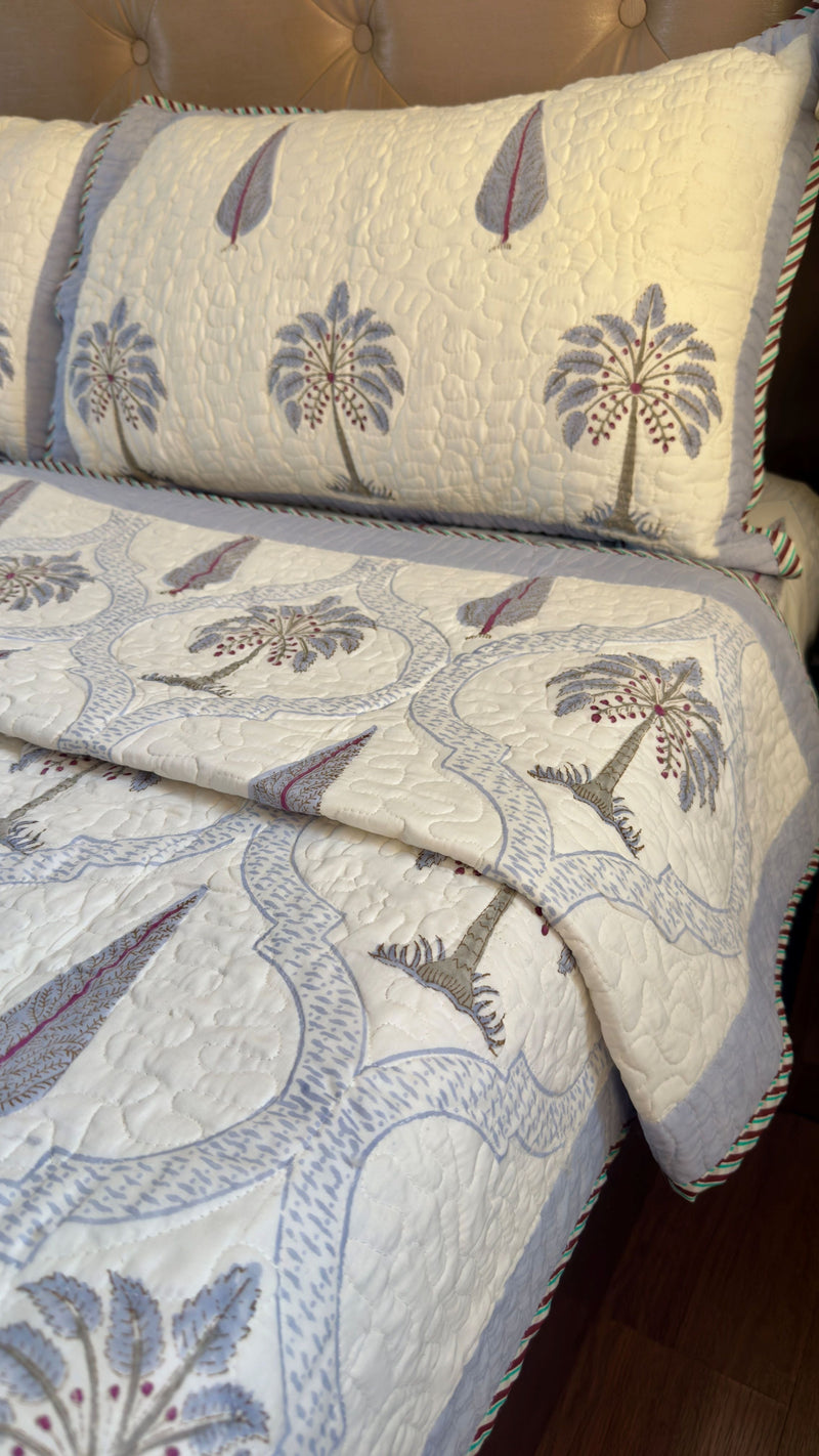 aenak-blue-palm-jaal-handblock-bedsheet-quilted-bedcover-combo-set