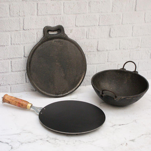 Iron Roti Tawa, Cast Iron Tawa, Cast Iron Kadai Cookware Combo Set – Cooking Wok
