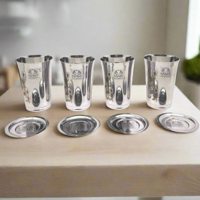 Premium Stainless Steel Floral Print Glass Set with Lid – Drinking Tumbler