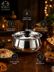 nyra-kitchenware-stainless-steel-serving-handi-with-lid-glossy-mirror-finish-serving-pot-curry-gravy-dal-sabzi-rice-biryani-serving-bowl-easy-grip-knob