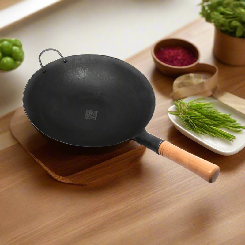 Traditional Loha Kadhai (Iron Wok) with Wooden Handle – Cooking Kadhai