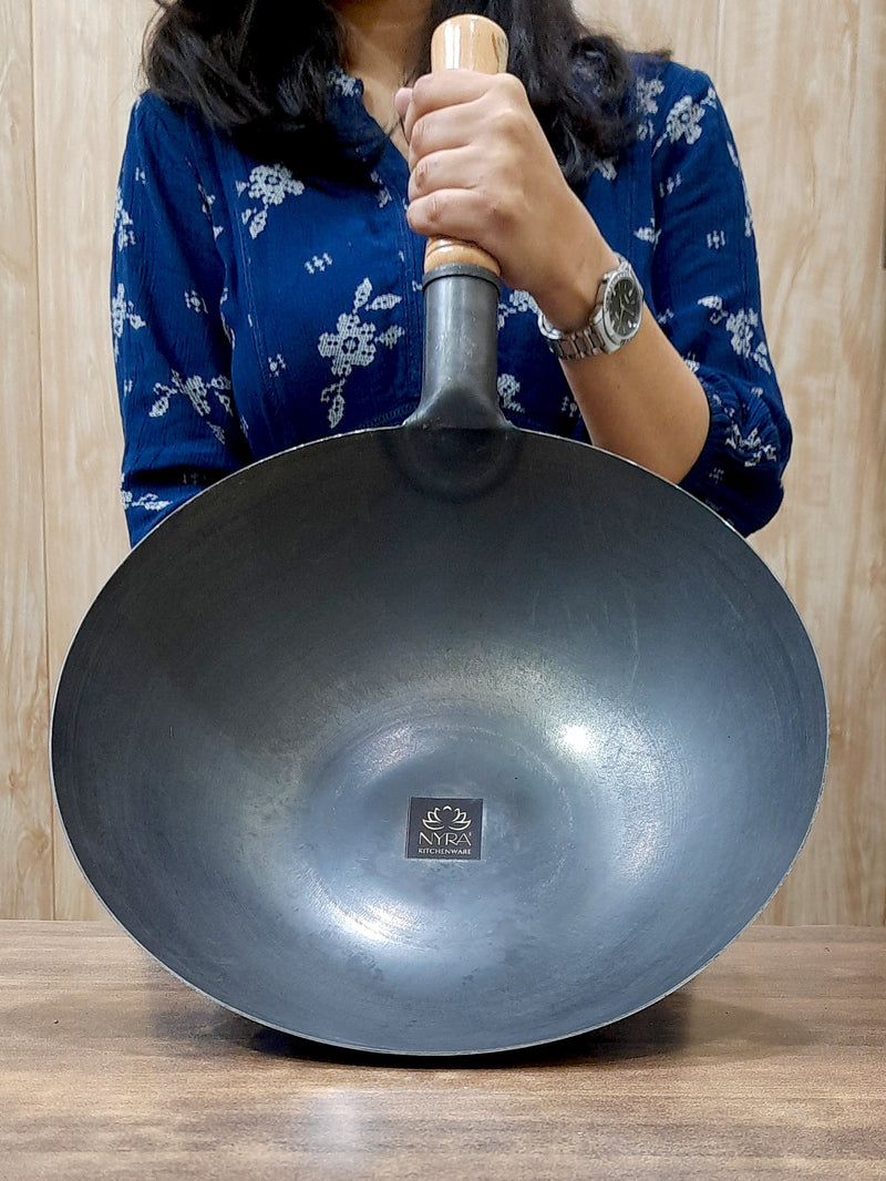 Traditional Loha Kadhai (Iron Wok) with Wooden Handle – Cooking Kadhai