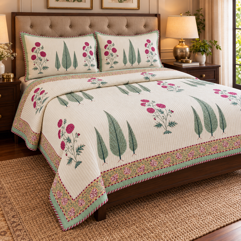 aenak-magenta-floral-garden-handblock-printed-reversible-quilted-bedcover-set-ivory-base