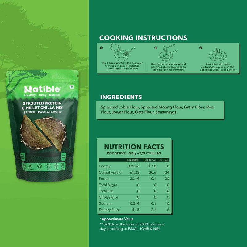 Natible Sprouted Protein and Millet Chilla Mix Variety Pack- Spinach & Masala Flavor – Savory Indian Pancake Mix (7.05 oz)