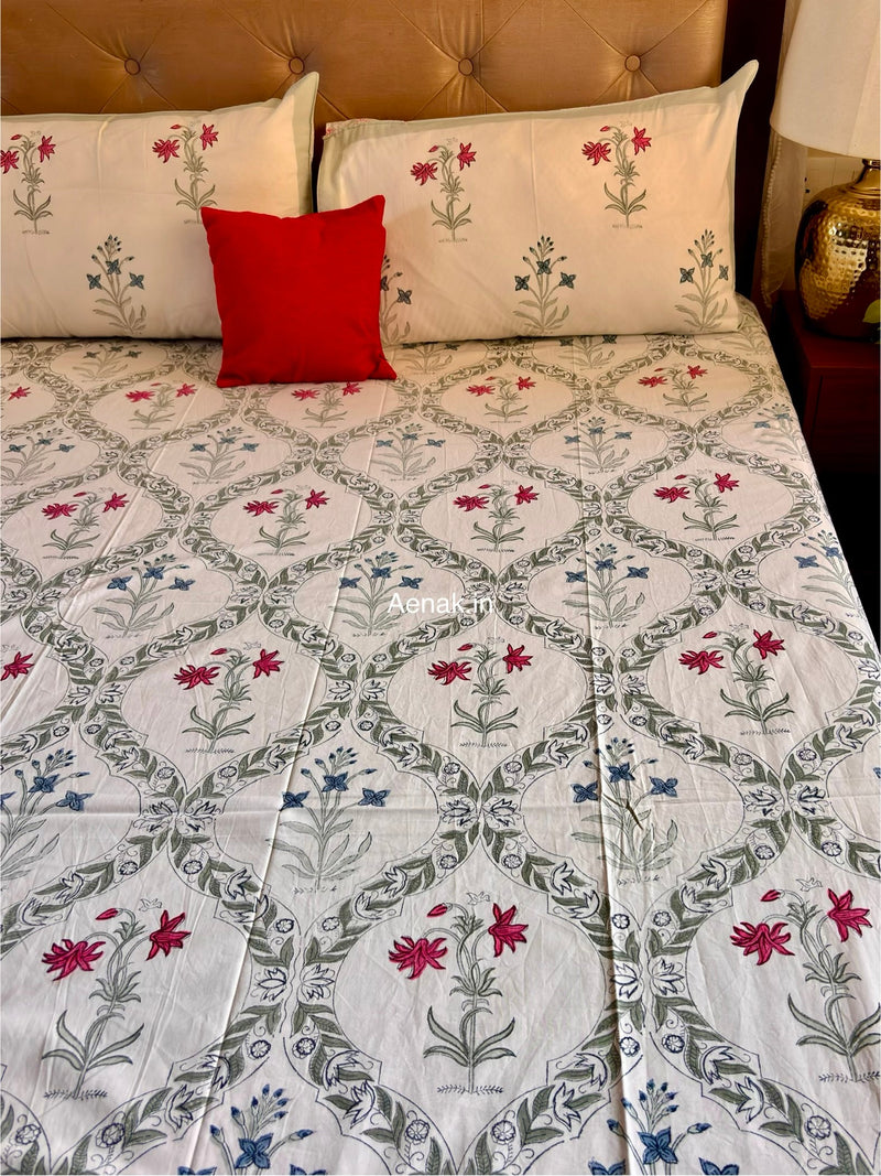 aenak-pink-blue-floral-jaal-handblock-premium-cotton-bedsheet-set