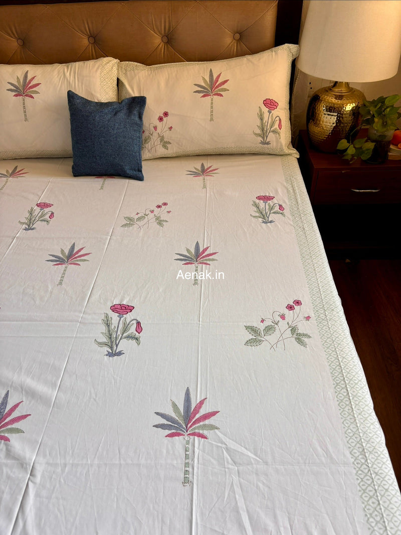 aenak-pink-blue-palm-handblock-bedsheet-dohar-combo-set