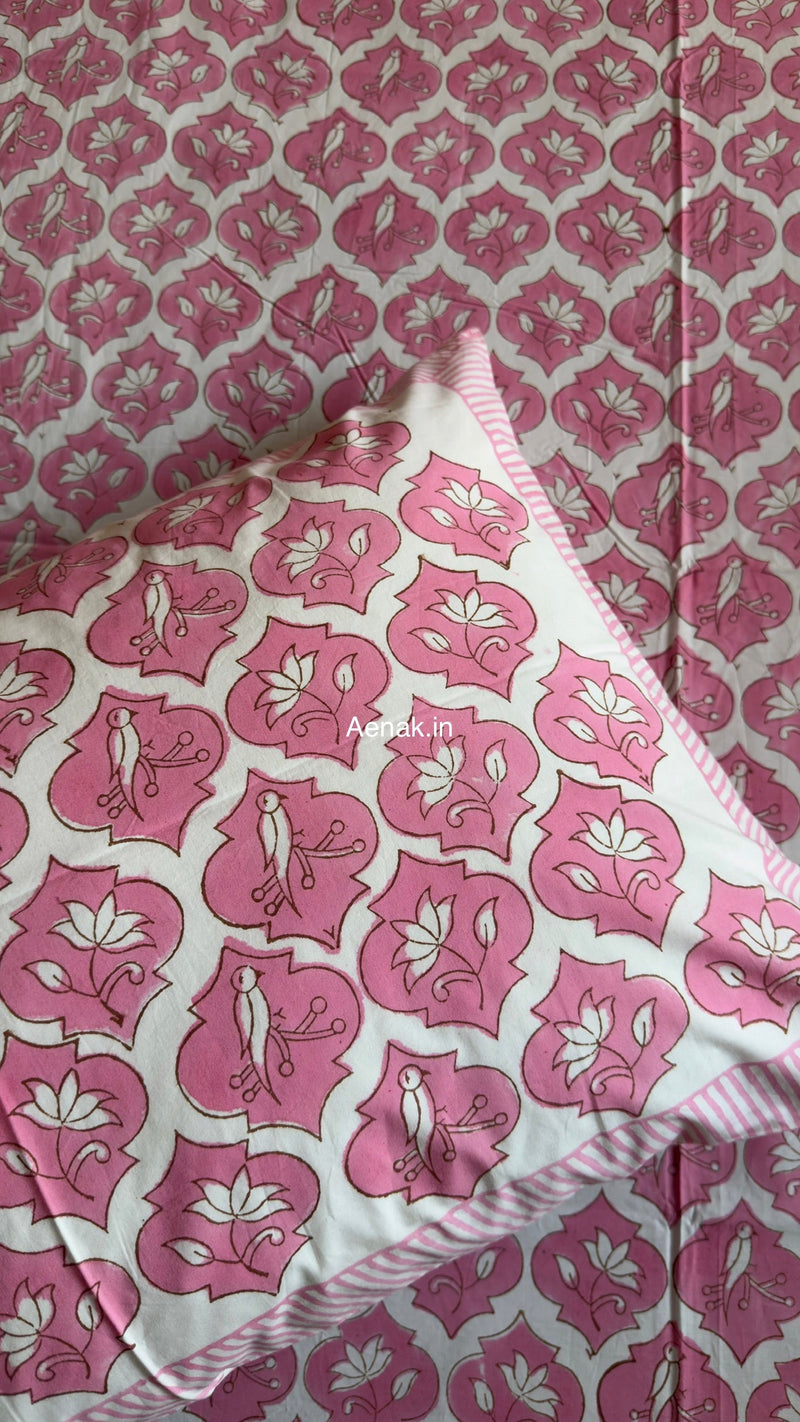 aenak-pink-parrot-handblock-premium-cotton-fitted-bedsheet-set