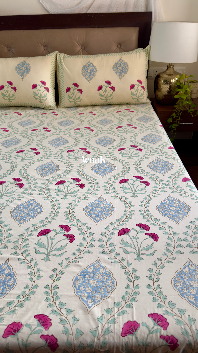 aenak-pink-poppy-jaal-handblock-printed-premium-cotton-bedsheet-set-light-beige-base