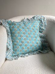 Nurture India Powder Blue Floral Ruffle Cushion Cover