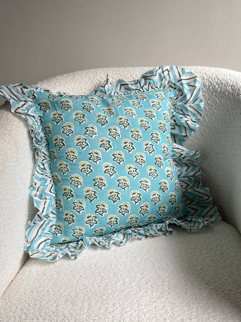 Nurture India Powder Blue Floral Ruffle Cushion Cover