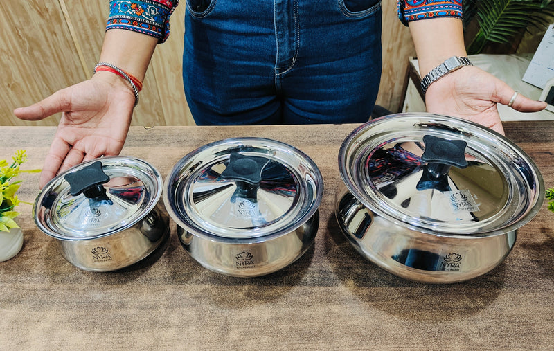 Stainless Steel Pulao Handi with Lid and PVC Knob (Set of 3) – Cooking Handi